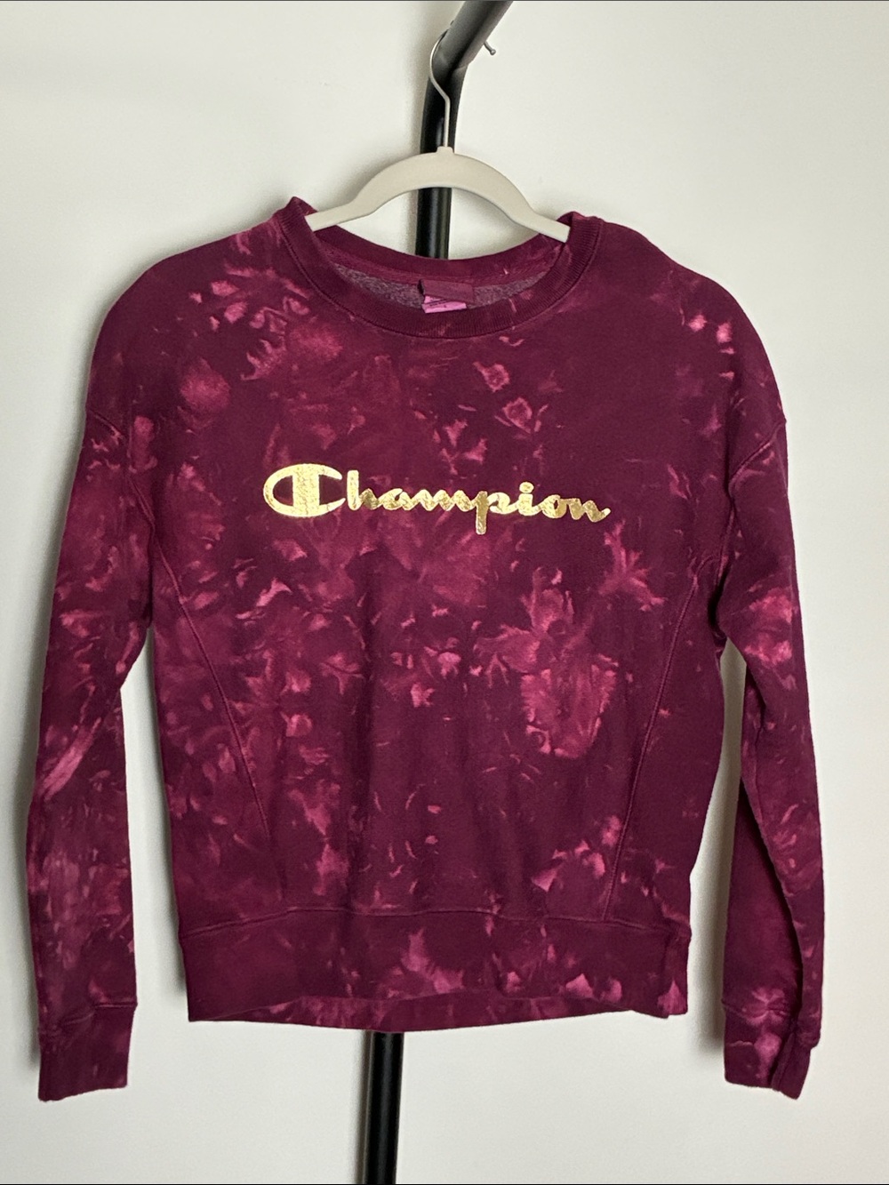 Champion Purple Tie-Dye Print Sweatshirt Gold Script Logo Small